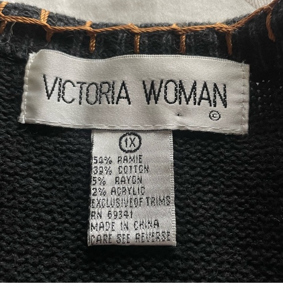 VTG 90s Patchwork Fall Leaves Button Cardigan 1X Black Halloween Thanksgiving - Picture 6 of 12